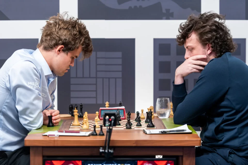 Magnus Carlsen vs. Hans Niemann in the infamous game at the 2022 Sinquefield
Photo by Crystal Fuller