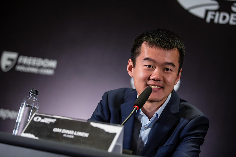 Ding Liren at the Press Conference after Game 3
Photo by Anna Shtourman/FIDE