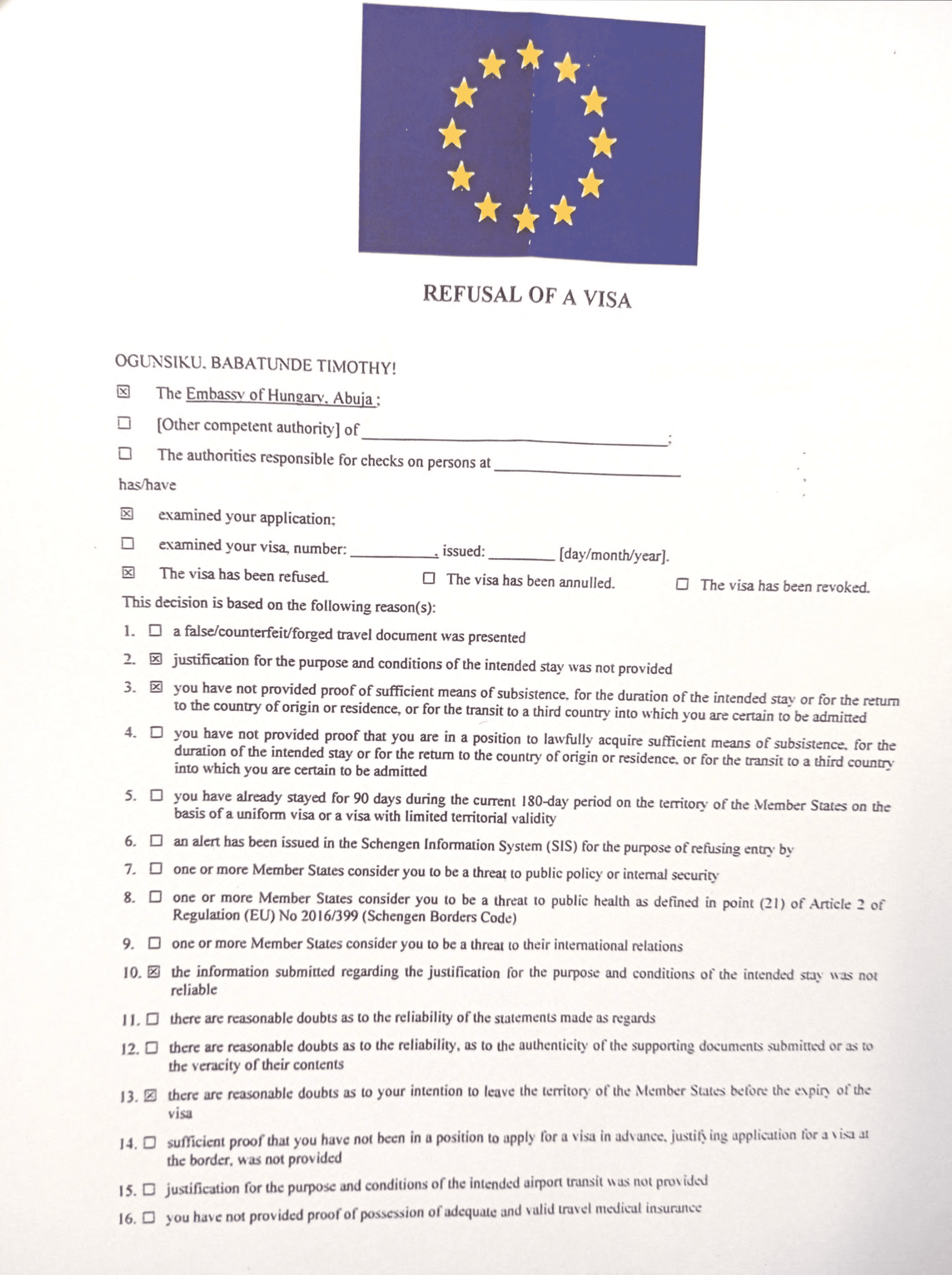 Refusal of a Visa-page 1 (Embassy of Hungary)