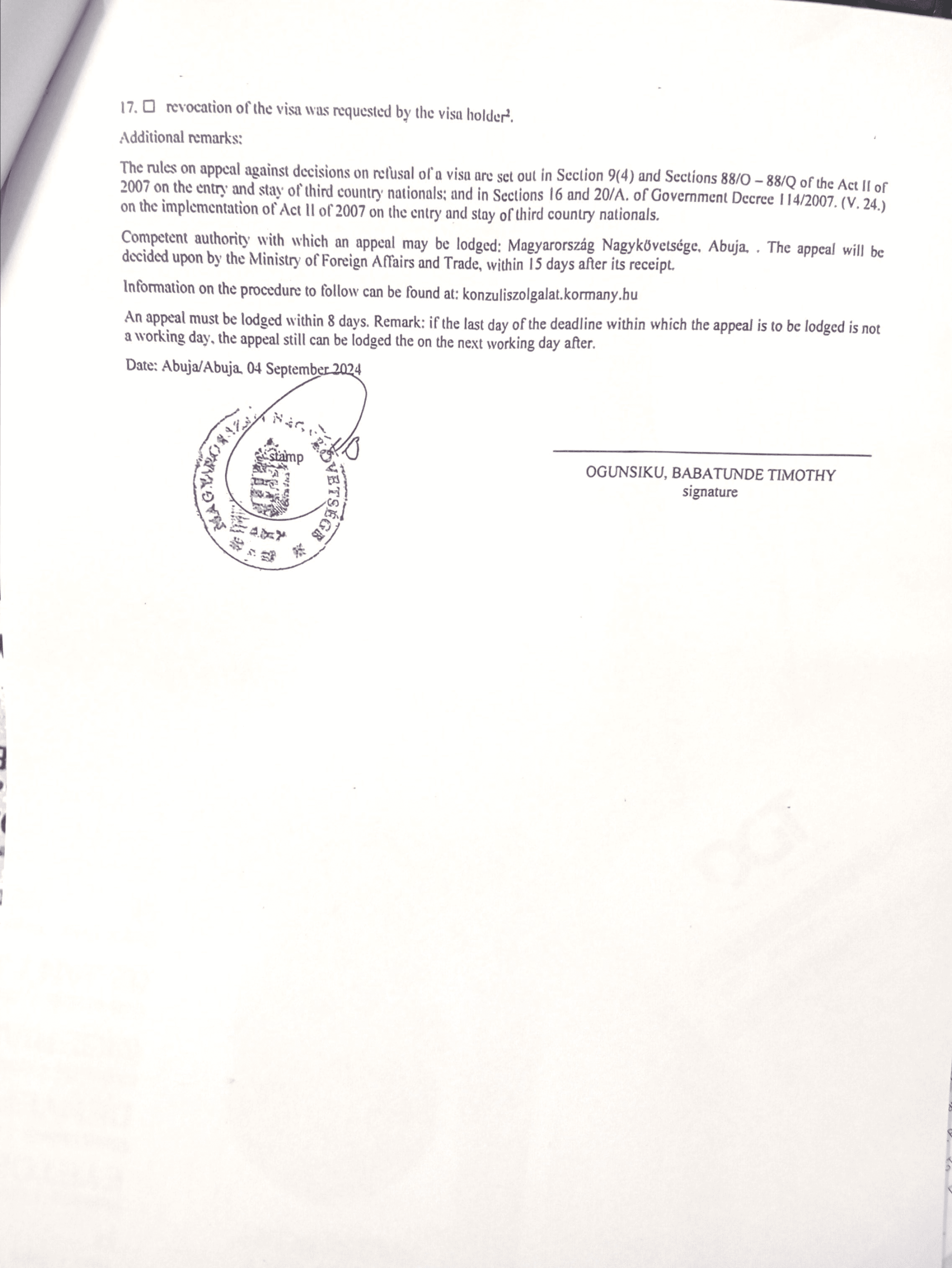 Refusal of a Visa-page 2 (Embassy of Hungary)