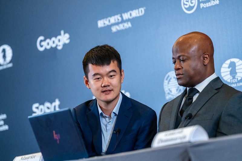 Ding LIren and Maurice Ashley at Press Conference after Game 1