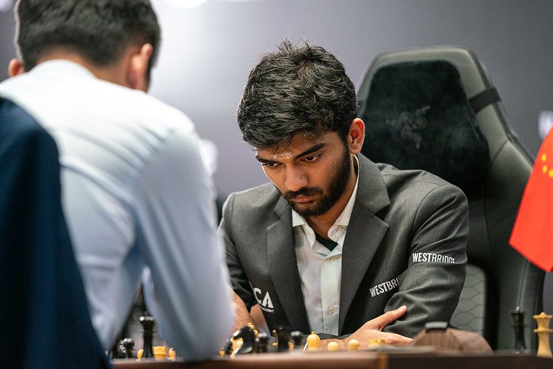 A determined Gukesh had a firm grip and seemed to be sailing to a crucial victory. Photo by Eric Rosen